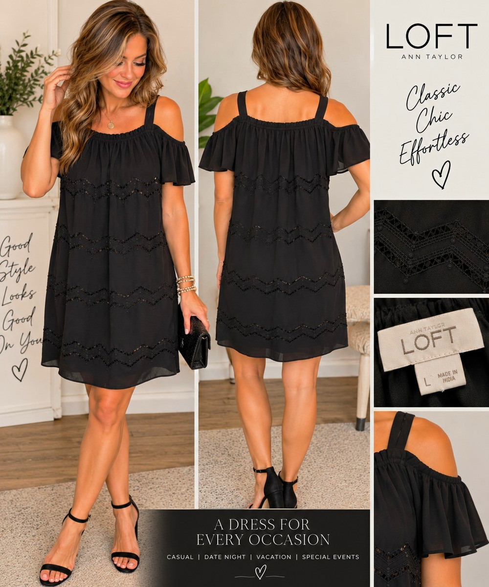 LOFT Women’s Black Off Shoulder Cold Shoulder Shift Chiffon Short Sleeve Dress